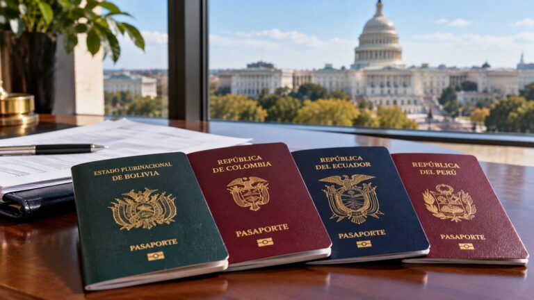 ABD vize kısıtlaması kapsamında Bolivya Kolombiya Ekvador ve Peru pasaportlarını gösteren temsili görsel