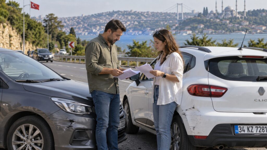 Accidente con coche de alquiler en Turquía con dos conductores revisando la documentación tras un choque