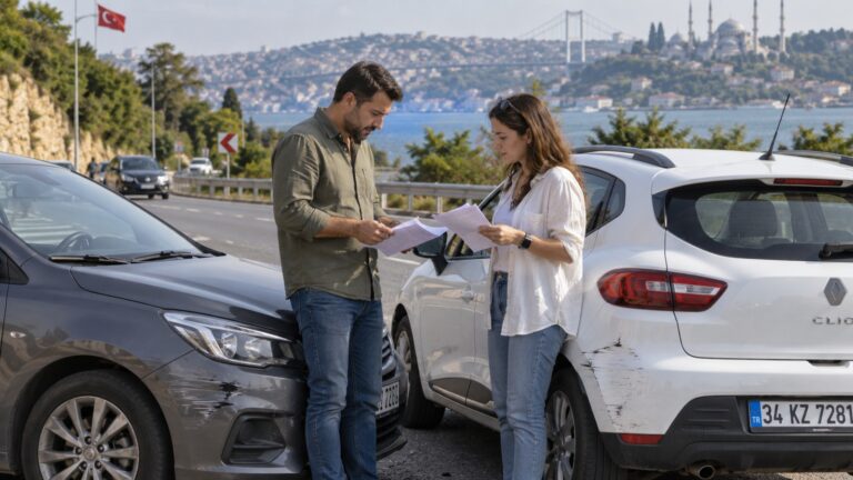 Accidente con coche de alquiler en Turquía con dos conductores revisando la documentación tras un choque