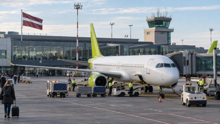 airBaltic iflas koruması haberini temsil eden Riga Havalimanı ve yolcu uçağı