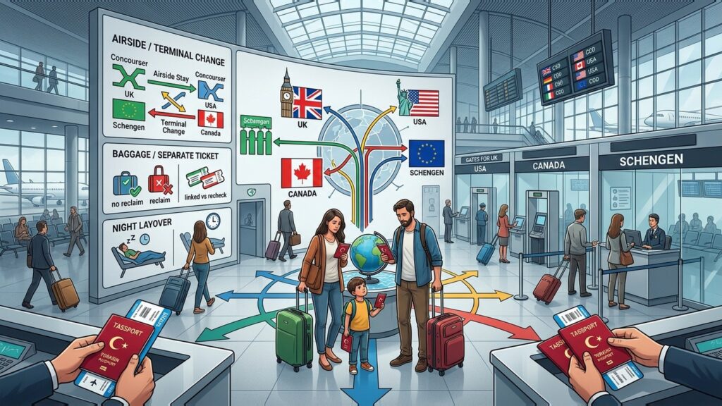 Transit vizeyle birbirinden karmaşık 4 senaryo ve çözümü 8 Aktarmada transit vize için İngiltere, Kanada, ABD ve Schengen bağlantı senaryolarını gösteren havalimanı görseli