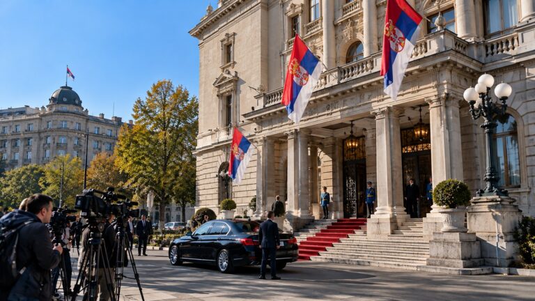 Aleksandar Vučić istifa açıklaması sonrası Belgrad’daki cumhurbaşkanlığı binasını temsil eden görsel