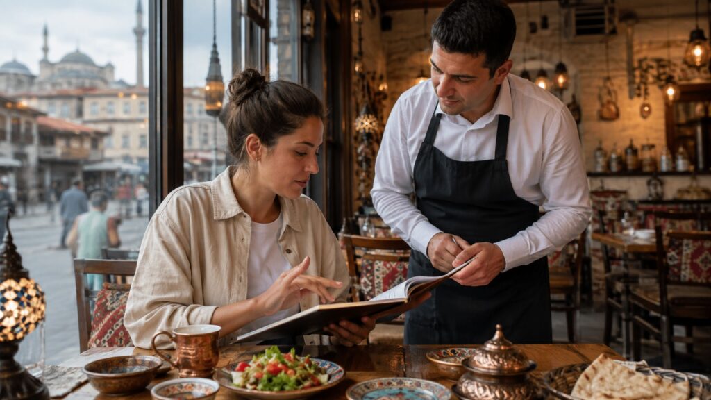 Alergias alimentarias en Turquía: viajera revisando un menú con un camarero en un restaurante de Estambul