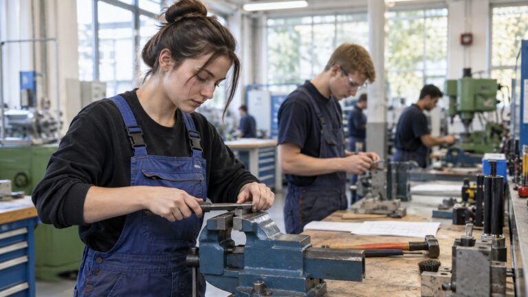 Almanya Ausbildung vizesi başvurusu için mesleki eğitim atölyesinde metal parça üzerinde çalışan stajyer ve diğer öğrenciler