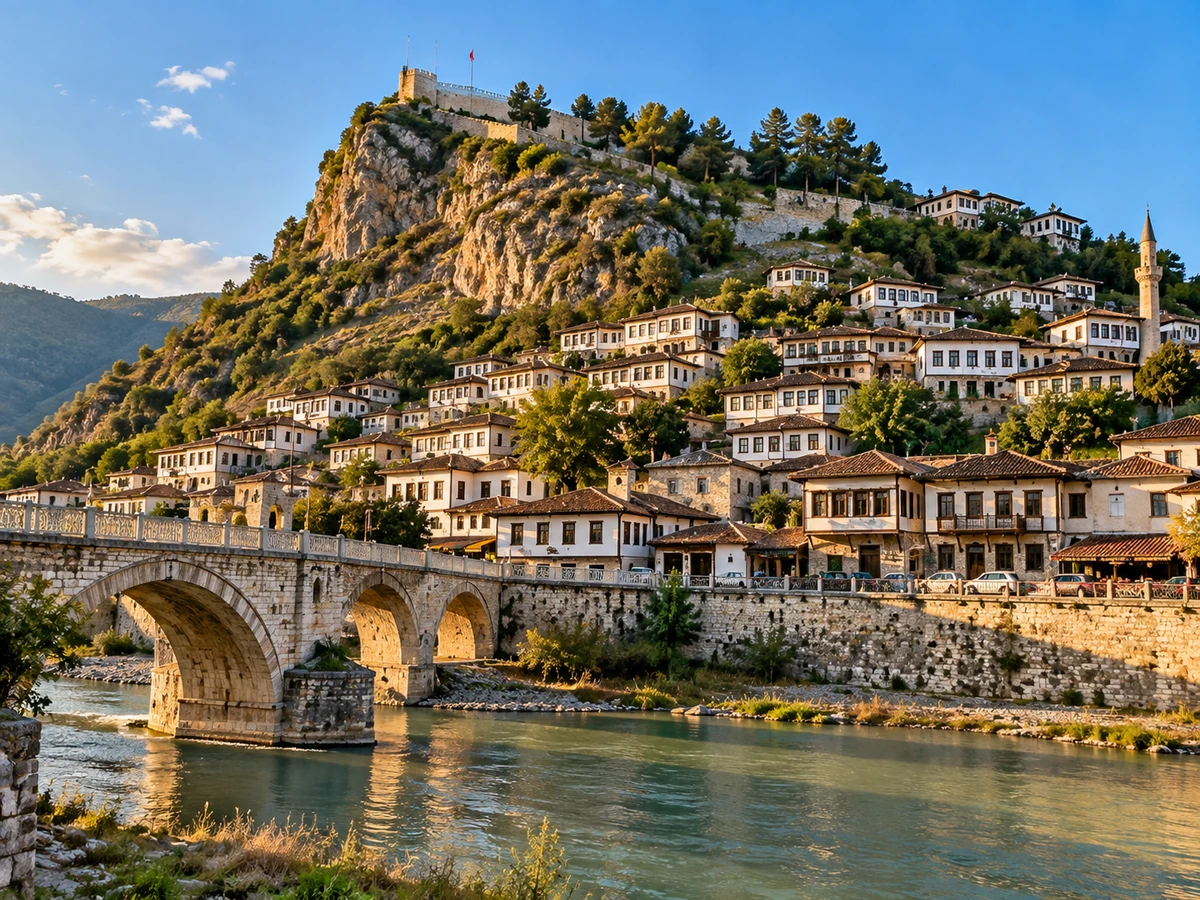Berat'ta Osum Nehri kıyısı, Gorica Köprüsü ve yamaçtaki tarihî evler