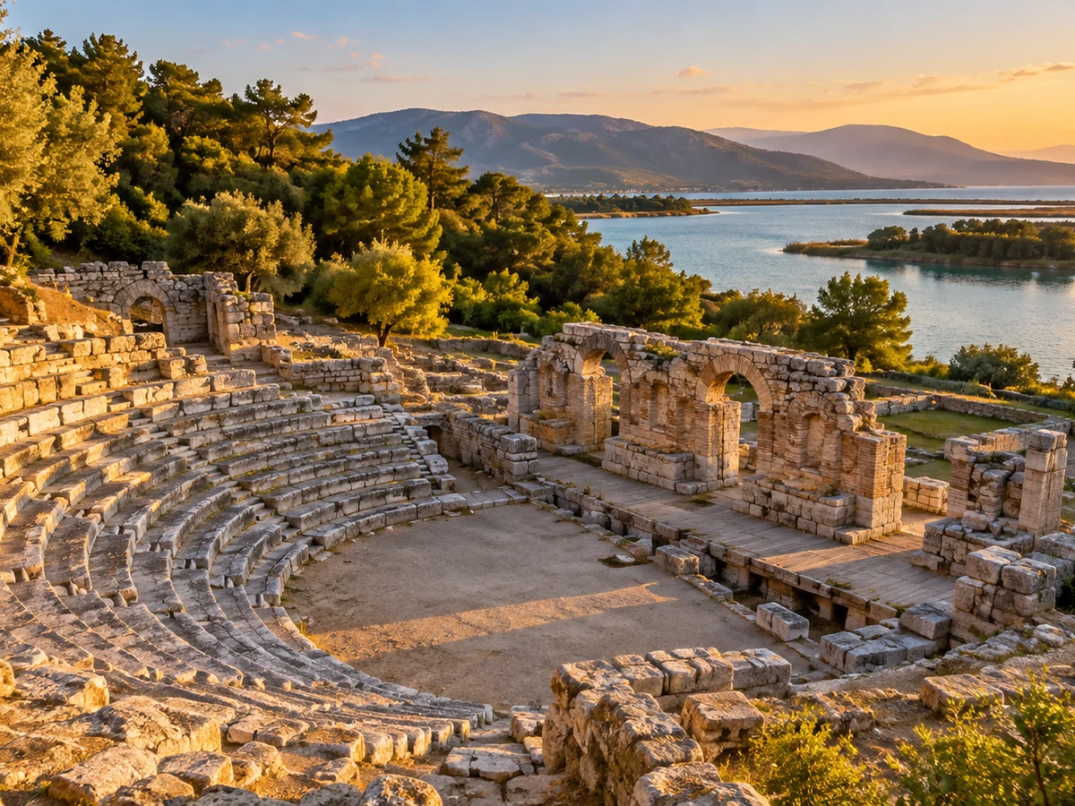 Butrint antik kentinde tiyatro basamakları, taş kemerler ve kıyı manzarası