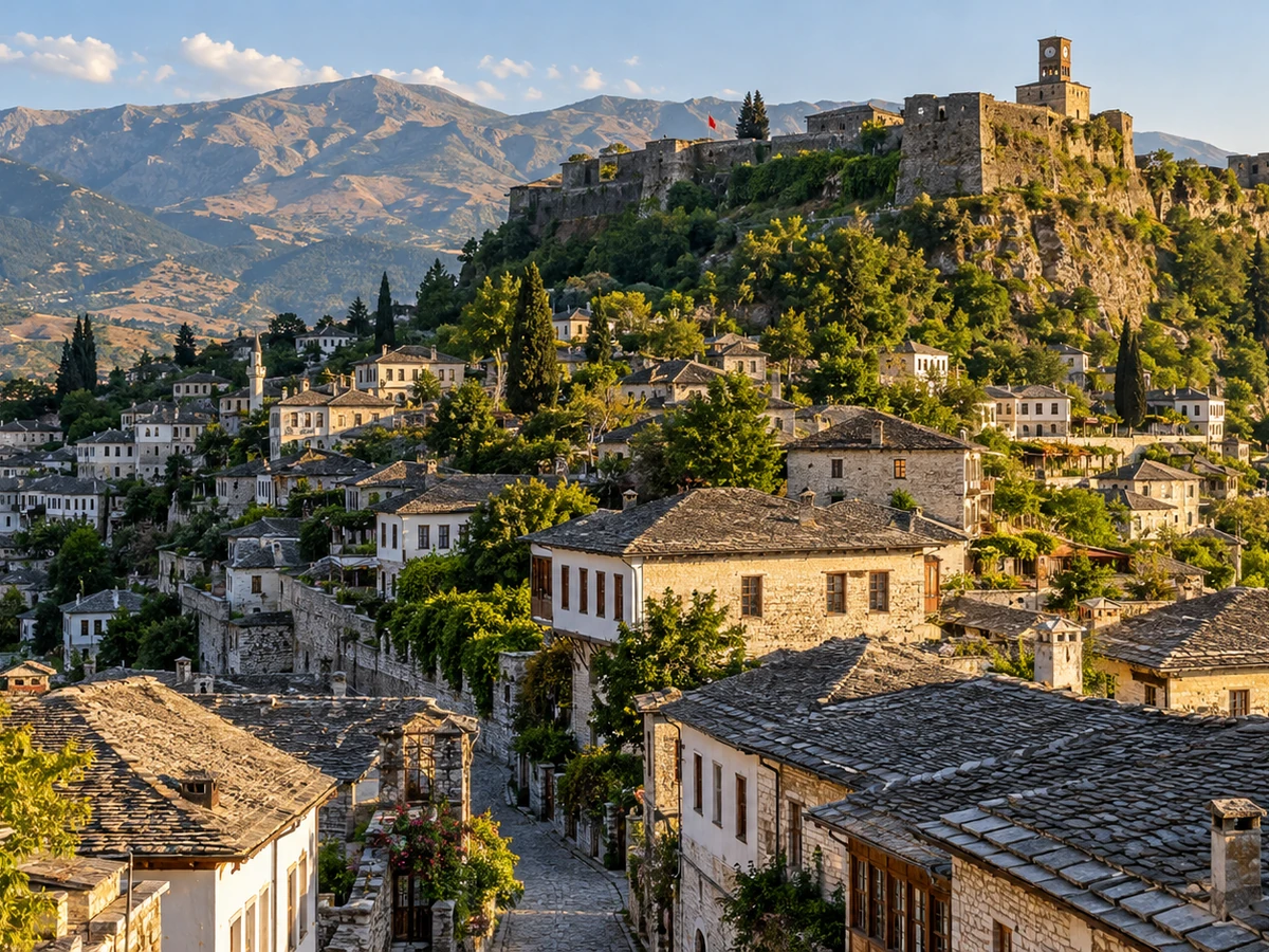 Gjirokastra'da taş çatılı evler, yamaç sokakları ve kentin üzerindeki kale