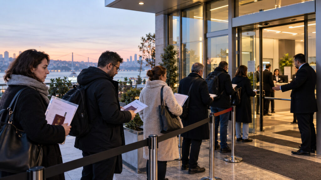 Macaristan vizesinde sabah erken randevu 75 avro daha pahalı 1 AS Visa erken saat başvurusu için evraklarıyla başvuru merkezi önünde bekleyen kişileri temsil eden görsel