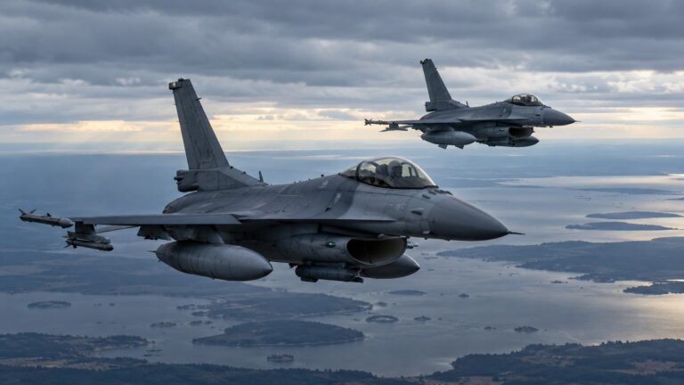 Baltık Türk F-16 uçaklarını Finlandiya Körfezi üzerinde gösteren yapay zekâ ile oluşturulmuş temsili görsel