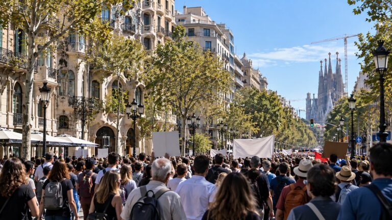Barcelona El Prat Havalimanı ile ilgili haberde Barselona sokaklarında yürüyen kalabalığı gösteren özgün temsili görsel