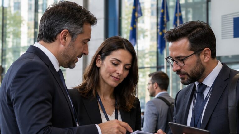 Belçika ticari vizesi rehberi için Brüksel’de fuar merkezinde ticari görüşme yapan üç iş insanı