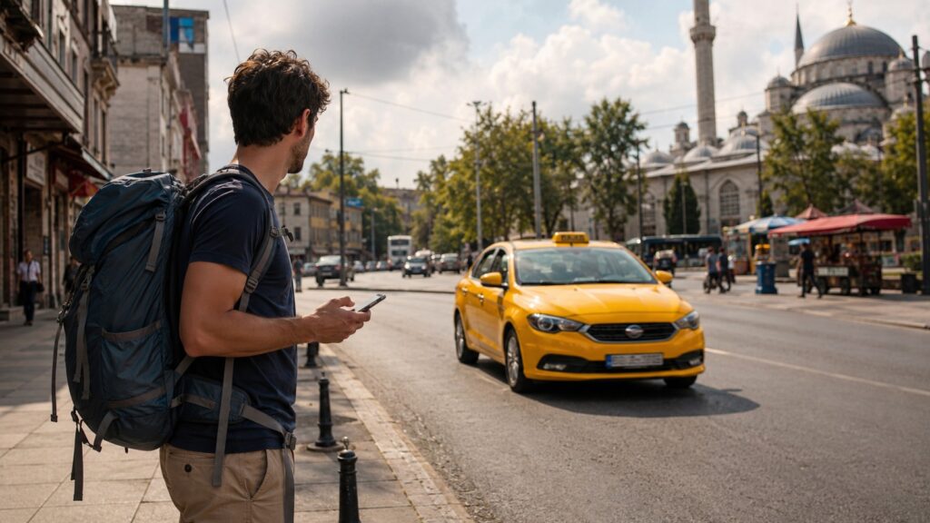 Viajero esperando un taxi en Estambul mientras consulta el móvil