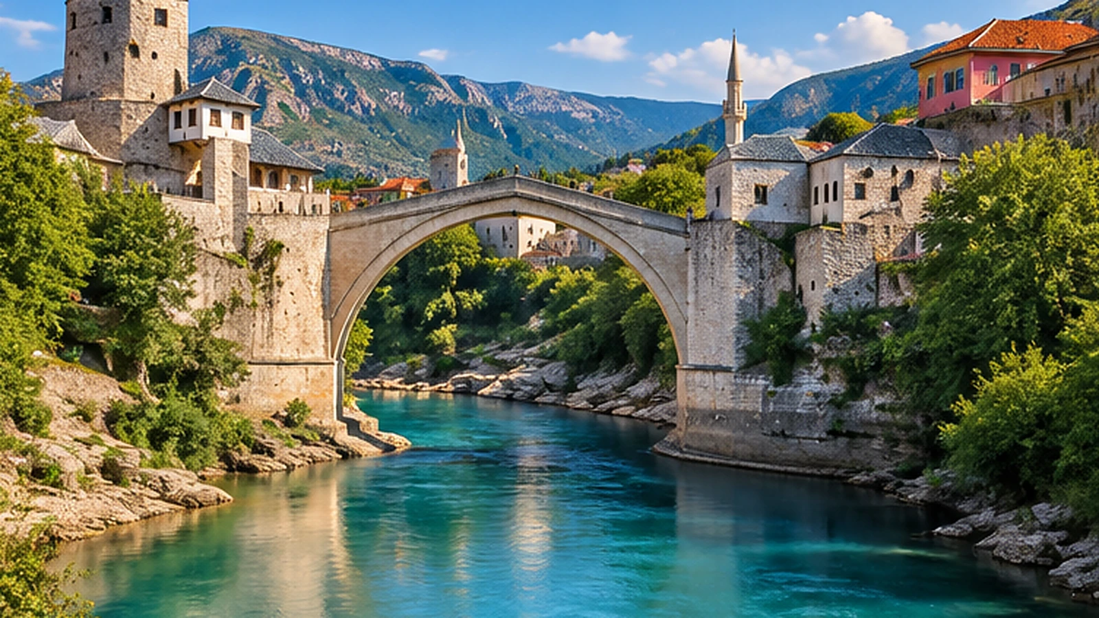 Bosna Hersek görülmesi gereken 4 yer — Mostar Köprüsü Neretva Nehri üzerindeki taş kemer ve kıyı yapılarının temsili canlandırması