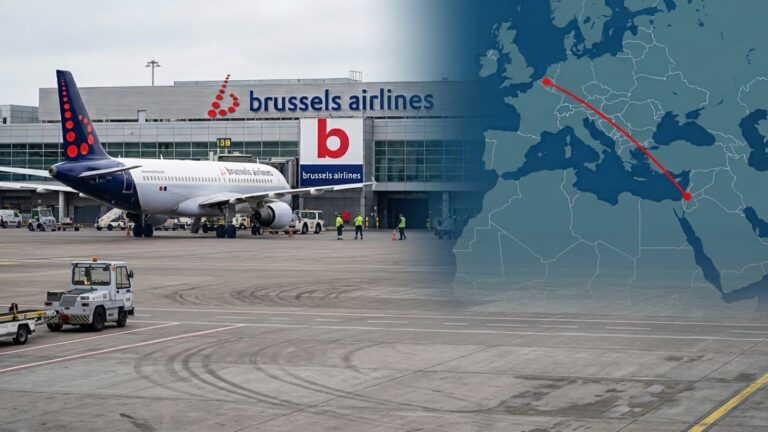 Brussels Airlines Tel Aviv grev bildirimi haberinde Brussels Airlines uçağı ve Brüksel–Tel Aviv rota haritası