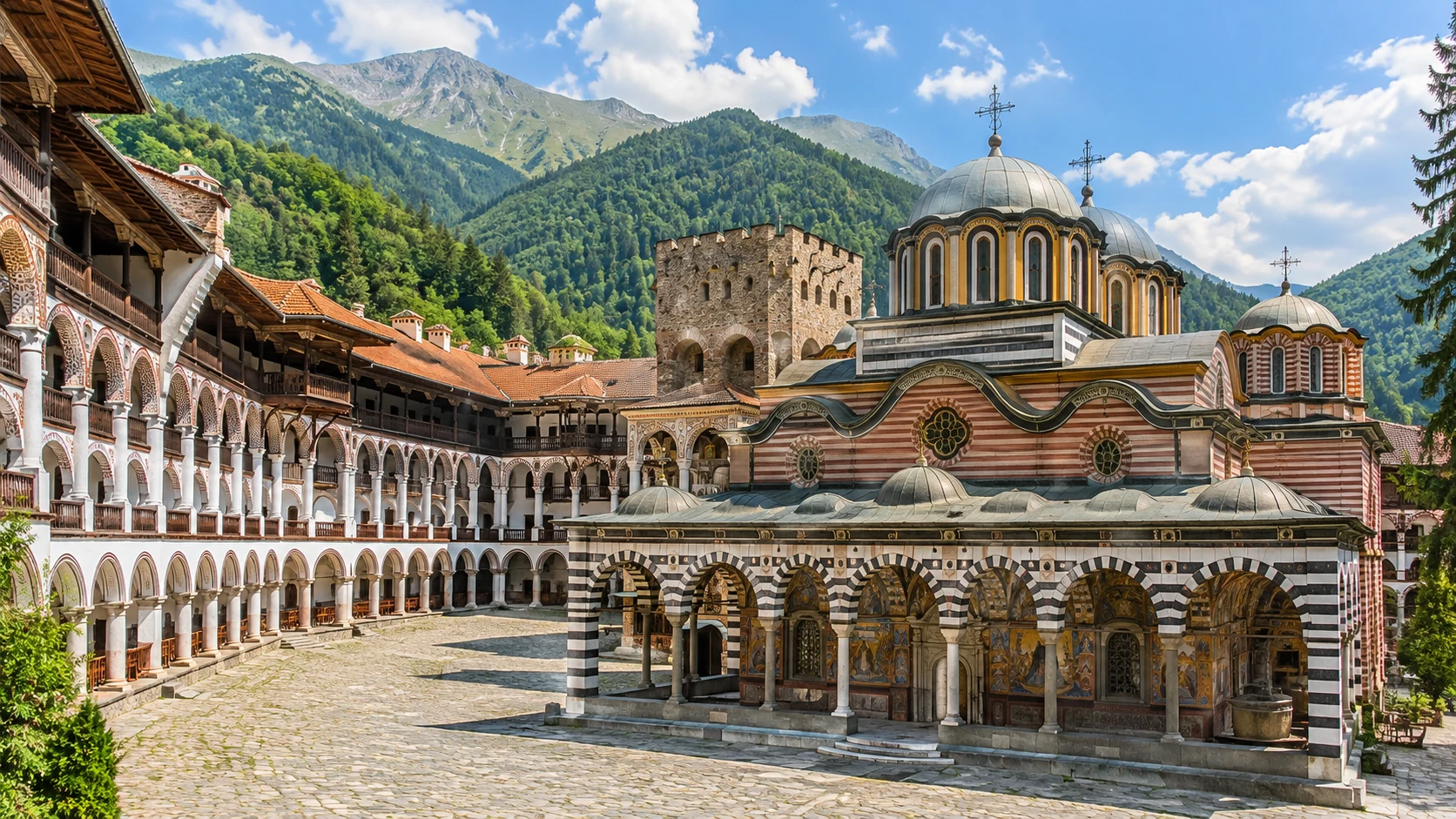 Bulgaristan gezilecek 3 yer rotasındaki Rila Manastırı, dağlarla çevrili avlu ve kilisenin temsili canlandırması