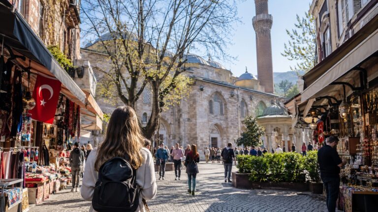 Bursa desde Estambul en un día, viajera caminando por una calle histórica con mezquita y comercios locales