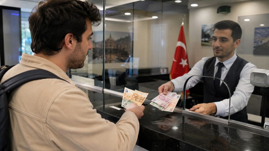 cambiar euros a liras en Turquía en una escena de viaje realista en Turquía