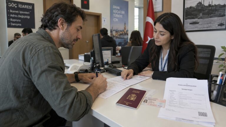Cambio de domicilio con permiso de residencia en Turquía con un residente español firmando formularios ante una funcionaria