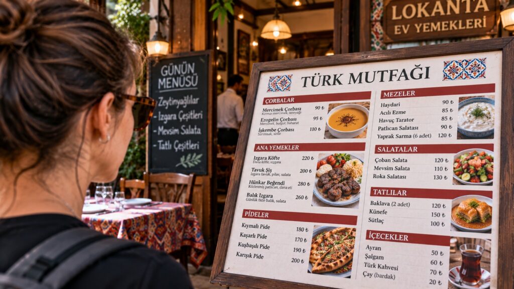 Carta de restaurante en turco con raciones, platos y precios