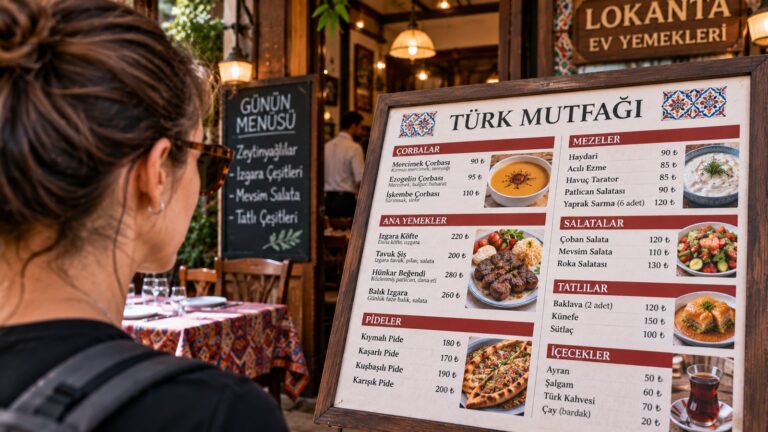 Carta de restaurante en turco con raciones, platos y precios