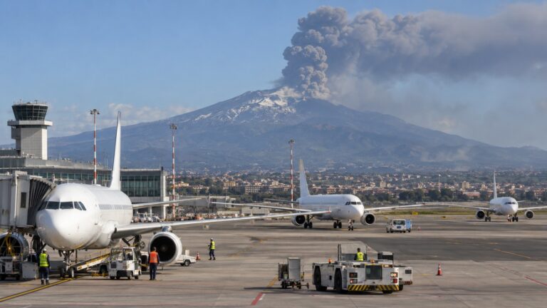 Catania Havalimanı Etna külü nedeniyle kısıtlama sırasında apron ve Etna’dan yükselen kül bulutu