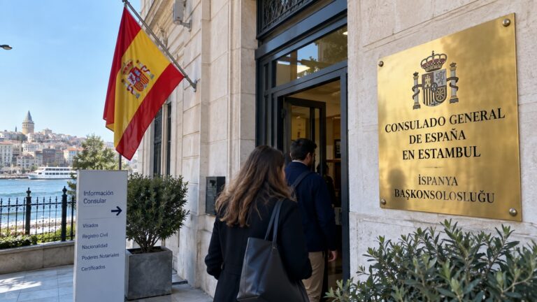 Certificado de residencia y baja consular en Turquía con ciudadanos entrando en una oficina consular española en Estambul