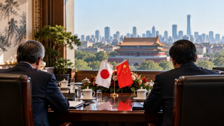 Vang Yi Japonya ile Pekin görüşmesi için Çin ve Japonya bayraklı temsilî diplomatik toplantı masası