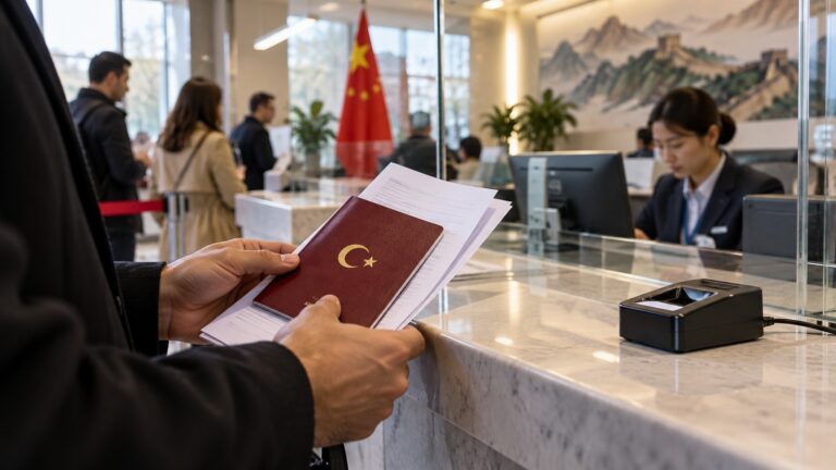 Çin vizesi parmak izi muafiyeti hakkında temsili görsel: Başvuru merkezinde Türk pasaportu, evraklar ve kullanılmayan parmak izi okuyucusu