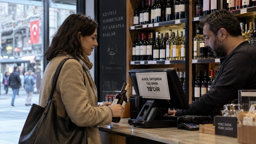 Comprar alcohol en Turquía: clienta paga una botella en una tienda de bebidas