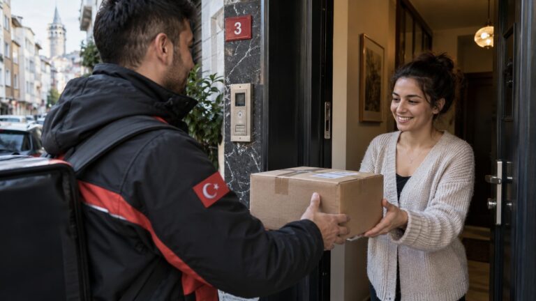 Comprar online en Turquía siendo extranjero: repartidor entrega un paquete en un domicilio de Estambul