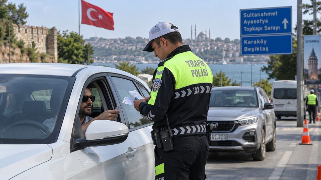 Control de tráfico en Turquía con un agente revisando la documentación de un conductor