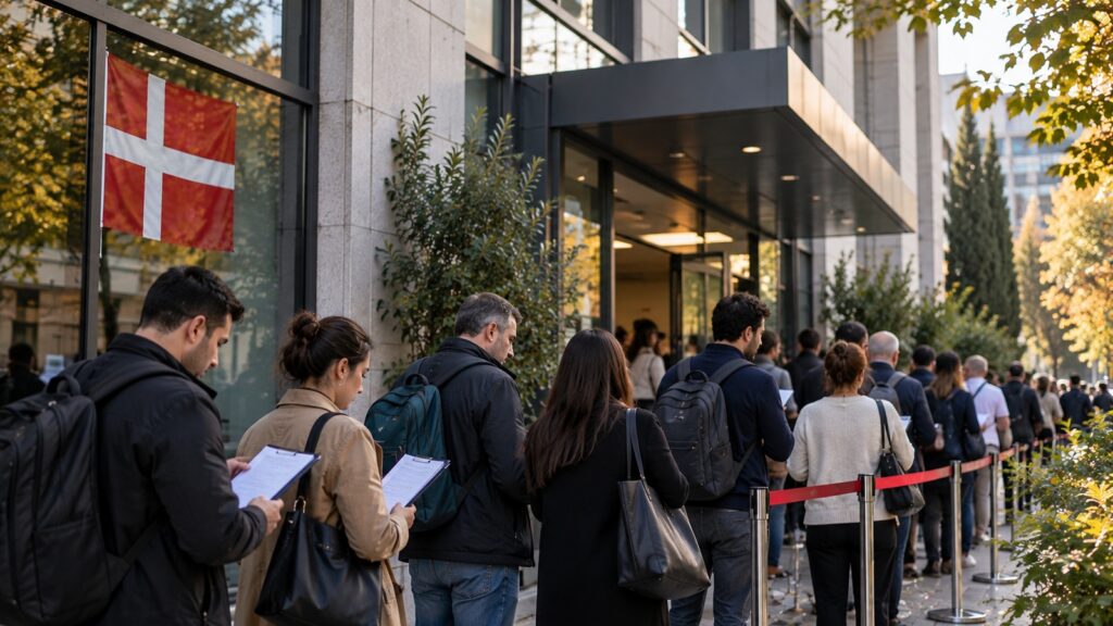 Danimarka vizesinde bekleme süresi 93 güne çıktı 1 Danimarka vize kuyruğu için sırada bekleyen başvuru sahiplerini ve Danimarka bayrağını temsil eden yapay zekâ görseli