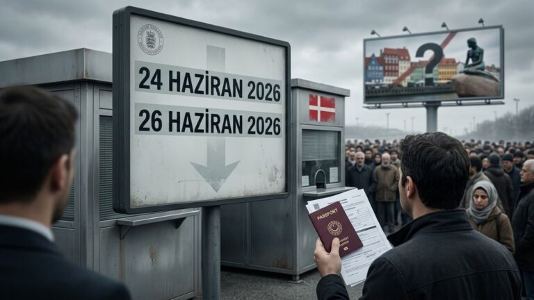 Danimarka vize kuyruğu için başvuru sahipleri ile 24 ve 26 Haziran 2026 tarihlerini gösteren temsilî görsel