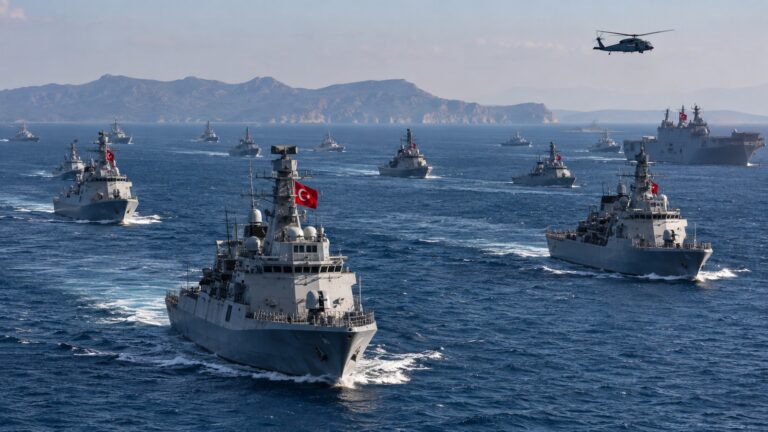 Denizkurdu-I/2026 tatbikatı için denizde ilerleyen Türk askerî gemilerinin temsili görseli