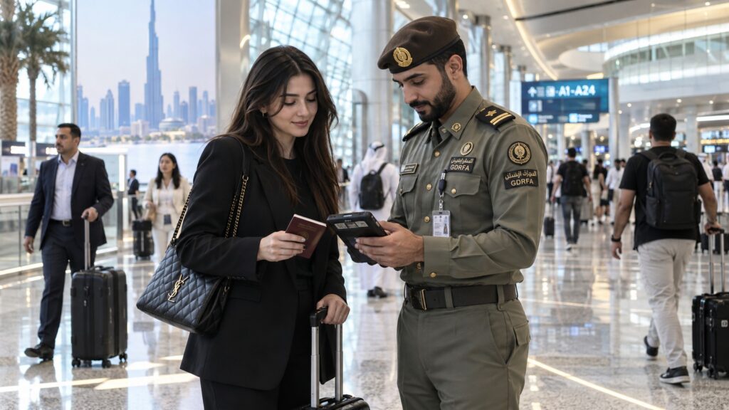 Dubai’de pasaport memuru artık yolcunun yanına geliyor 1 Dubai Click and Travel sistemi kapsamında yolcunun pasaportunu mobil cihazla kontrol eden GDRFA görevlisi