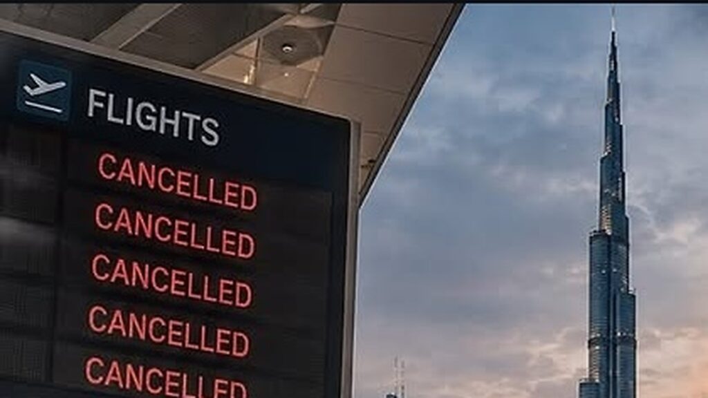 Dubai uçuşlarında iptaller bitmedi: Air France dönüşü 10 Eylül’e erteledi 1 Dubai uçuş iptalleri sırasında iptal edilen seferleri gösteren pano ve Dubai silüeti