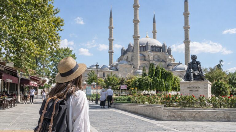 Edirne desde Estambul en un día, viajera frente a la mezquita Selimiye y la estatua de Mimar Sinan
