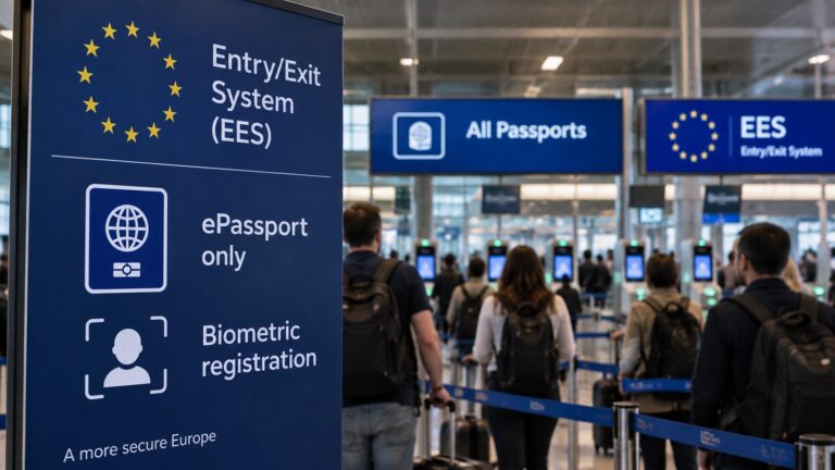 EES biyometrik kontrol esnekliği uygulamasını temsil eden Avrupa havalimanında biyometrik pasaport kontrolü