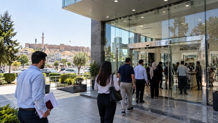 Erbil vize başvuru merkezi için evraklarıyla bir ofise giren başvuru sahiplerini gösteren temsili görsel