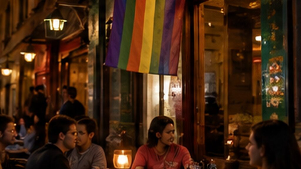 espacios LGTBI en Estambul: escena nocturna ilustrativa de un café con bandera arcoíris