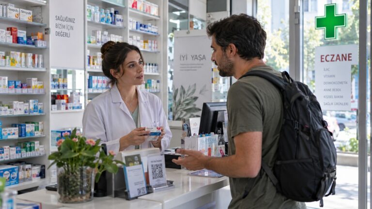 Farmacias de guardia en Turquía: farmacéutica atiende a un cliente en una eczane de Estambul