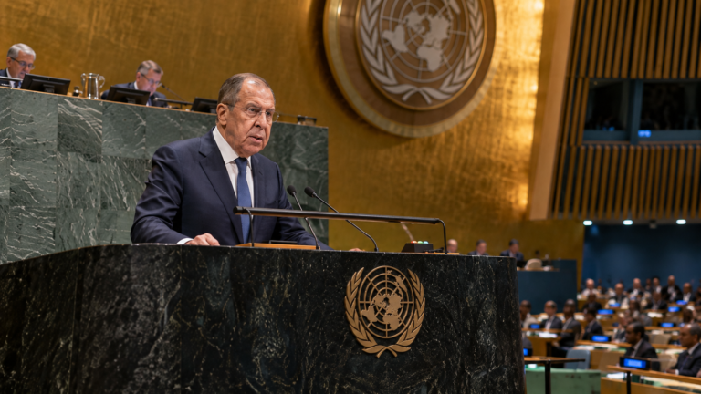 Filistin devleti gündemiyle ilgili Lavrov'un BM kürsüsündeki konuşmasını canlandıran görsel