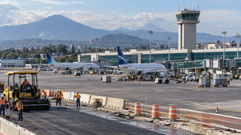 Guatemala havalimanı modernizasyonu kapsamında pist çalışmaları, terminal ve kontrol kulesini temsil eden havaalanı sahnesi