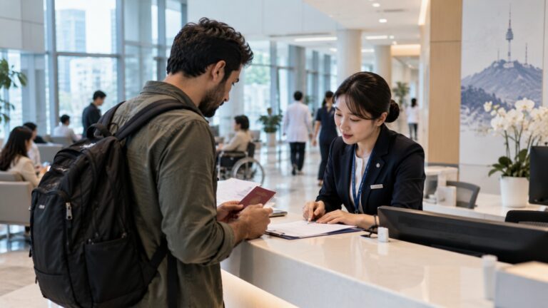 Güney Kore sağlık turizmi vizesi için sağlık merkezinde pasaport ve başvuru belgelerini inceleyen hasta ile danışma görevlisi