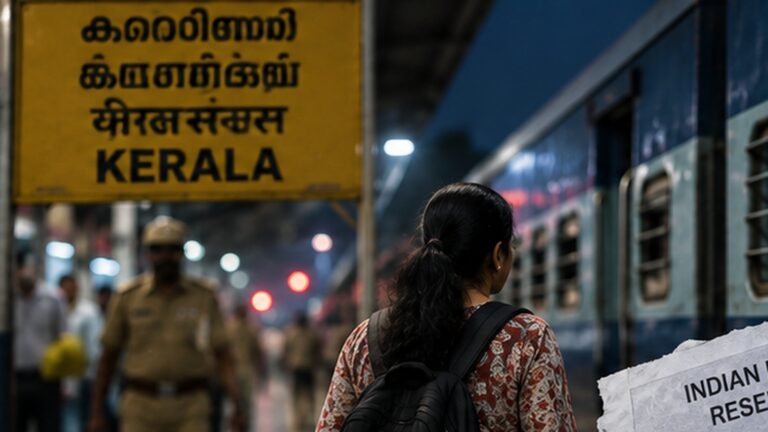 Hindistan tren bileti hatası haberini temsil eden Kerala istasyonunda tren ve kadın yolcu