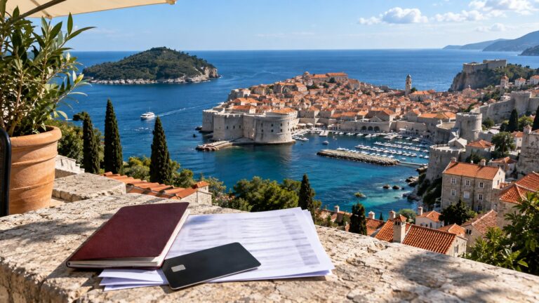 Hırvatistan Schengen vizesi banka hesabı için Dubrovnik kıyısı manzarası önünde pasaport, banka kartı ve başvuru belgeleri