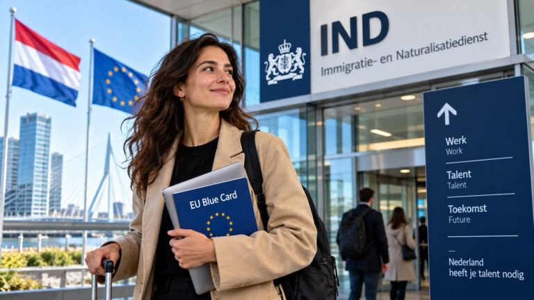 Hollanda AB Mavi Kart vizesi kapsamında Hollanda göç idaresi önünde EU Blue Card dosyası taşıyan uzman çalışan