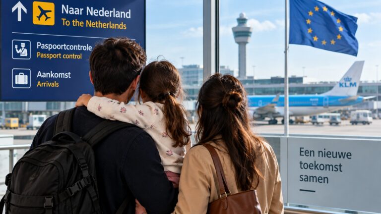 Hollanda AB vatandaşı aile üyesi vizesi için Hollanda havalimanında birlikte seyahat eden anne, baba ve çocuk