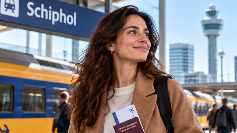 Hollanda birleşik çalışma ve oturum izni kapsamında Hollanda tren istasyonunda pasaportuyla yolculuk yapan çalışan