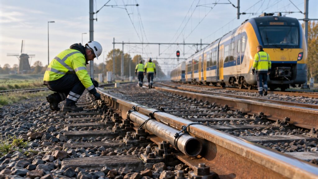 Raylara boru bağladılar, tren çarptı: Hollanda’da seferler aksadı 1 Hollanda demiryolu sabotajı sonrası raylarda inceleme yapan demiryolu ekipleri